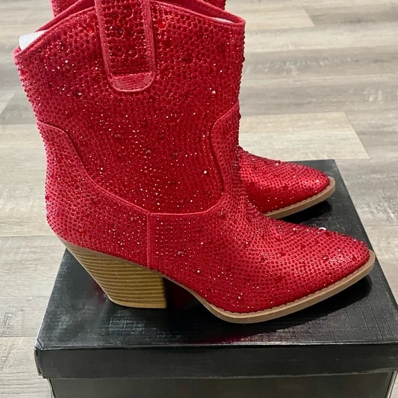 Red Rhinestone Cowgirl Sparkling Pull-on Christmas Party Forever Ankle Booties - Picture 4 of 8